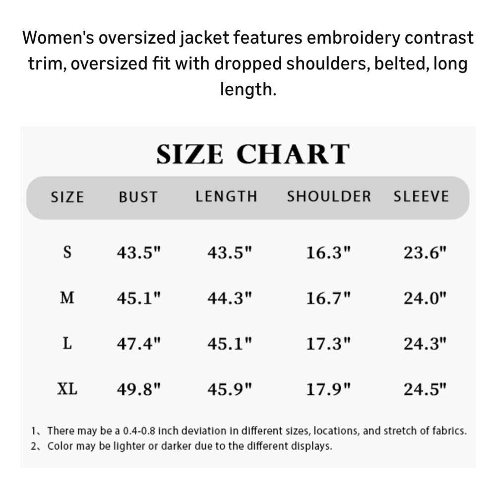 Long Peacoat Trench Coat Jacket White Embroidered Trim - Tie Belt and Pockets - Picture 10 of 10